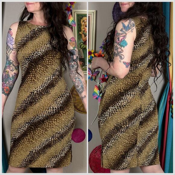 Vintage Y2K Brown and Gold Snakeskin Print Sleeveless Slinky Dress - Picture 4 of 7